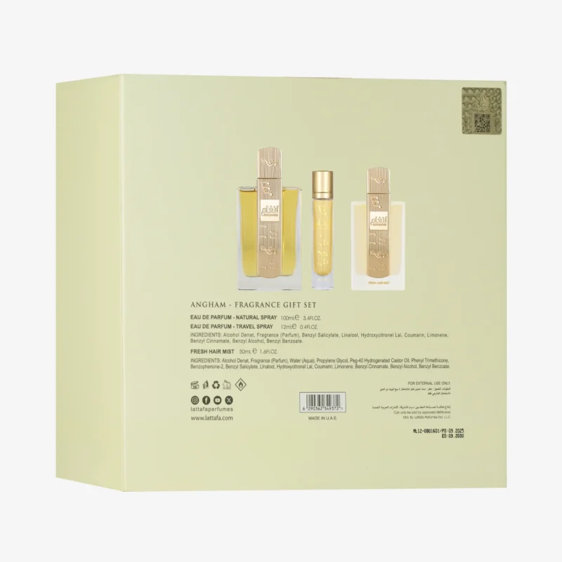 Estojo Natal Angham Lattafa - Perfume 100ml + Travel Size 12ml + Hair Mist 50ml