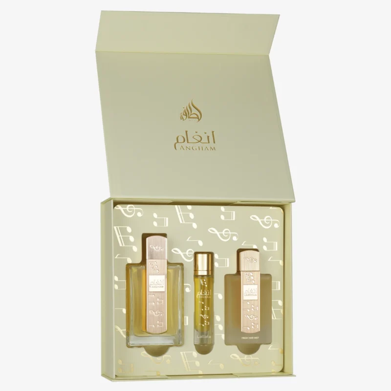 Estojo Natal Angham Lattafa - Perfume 100ml + Travel Size 12ml + Hair Mist 50ml