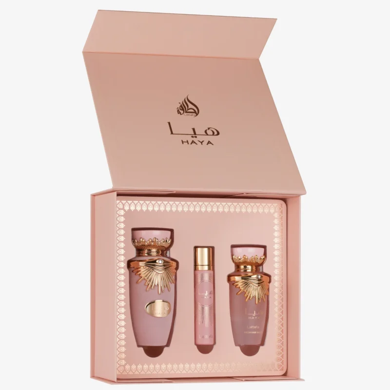Estojo Natal Haya Lattafa - Perfume 100ml + Travel Size 12ml + Hair Mist 50ml