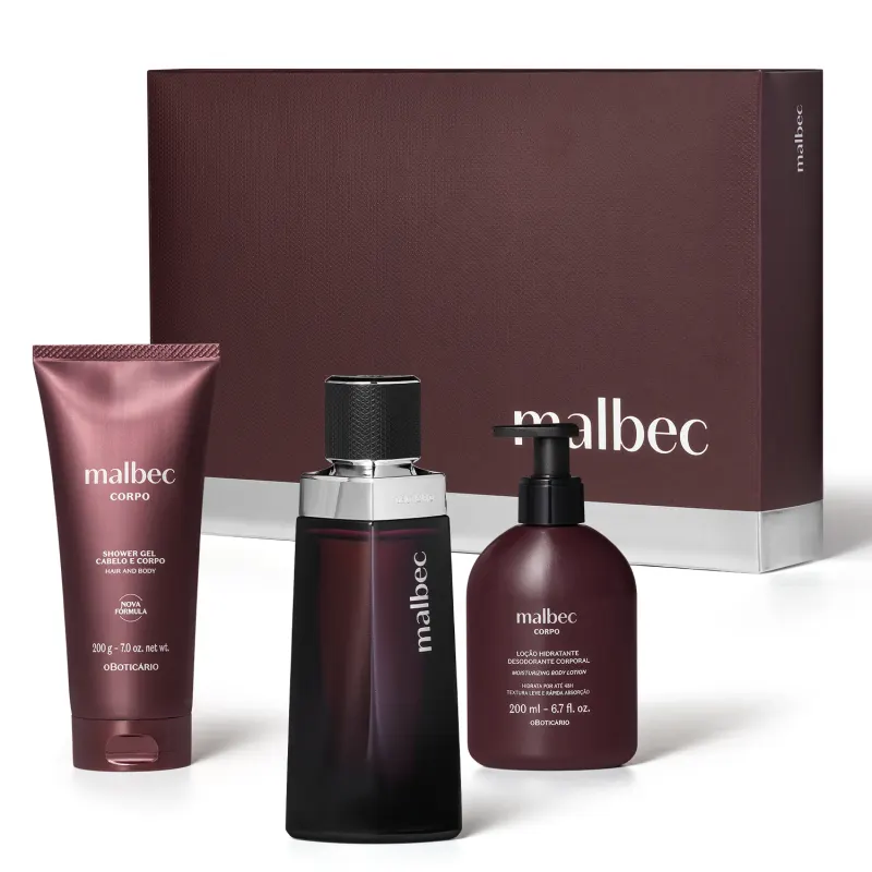 Estojo Natal Malbec O Boticário - Perfume 100ml + Shower Gel 200g + Loção Hidratante 200ml