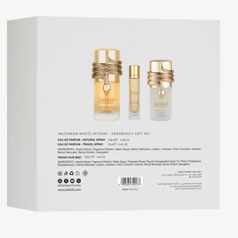 Estojo Natal Musamam White Lattafa - Perfume 100ml + Travel Size 12ml + Hair Mist 50ml
