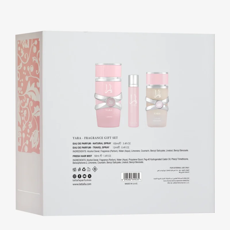 Estojo Natal Yara Lattafa - Perfume 100ml + Travel Size 12ml + Hair Mist 50ml